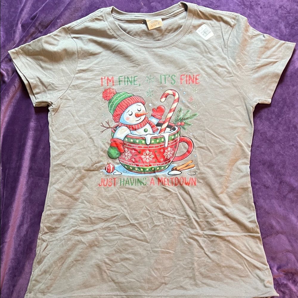 Snowman Having a Meltdown Christmas Candy Cane Tshirt (Ladies S)